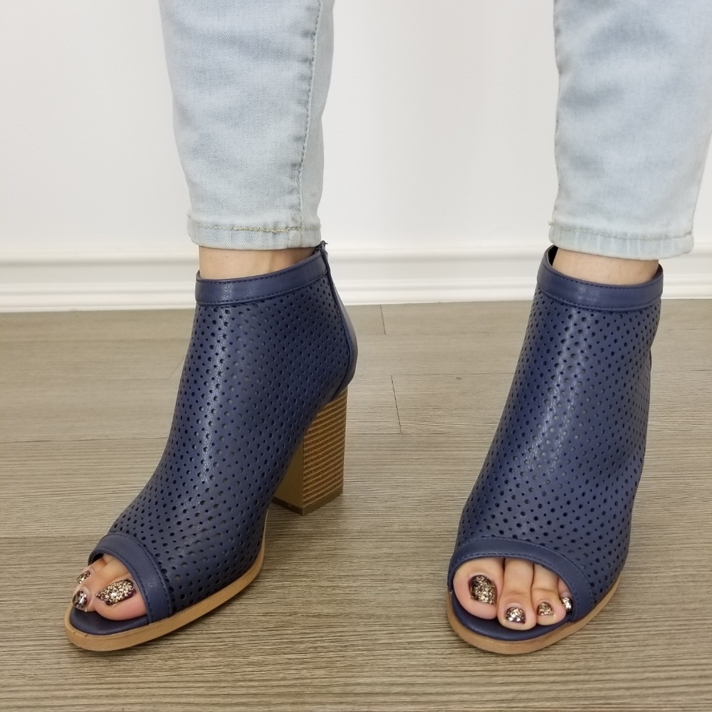 Navy Perforated Heeled Open Toe Ankle Boots - Picture 5 of 7